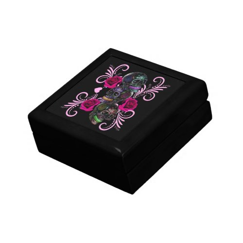 Triple Black Day Of The Dead Skulls Pink Roses Gift Box