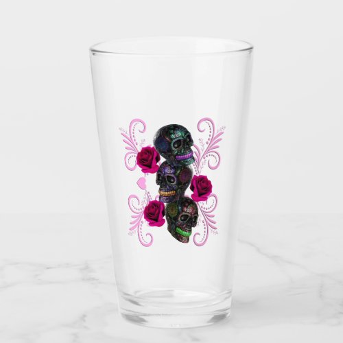 Triple Black Day Of The Dead Skulls Pink Roses Glass