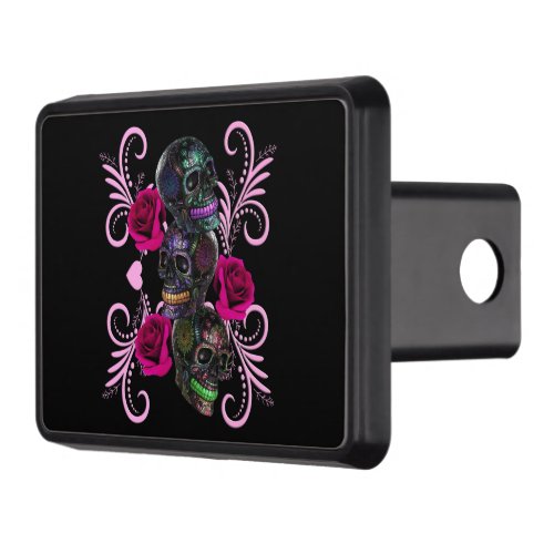 Triple Black Day Of The Dead Skulls Pink Roses Hitch Cover