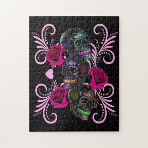 Triple Black Day Of The Dead Skulls Pink Roses Jigsaw Puzzle