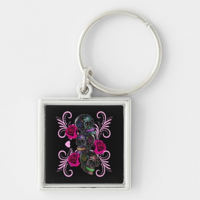 Triple Black Day Of The Dead Skulls Pink Roses Keychain (Front)