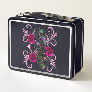 Triple Black Day Of The Dead Skulls Pink Roses Metal Lunch Box