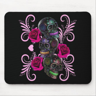 Triple Black Day Of The Dead Skulls Pink Roses Mouse Pad
