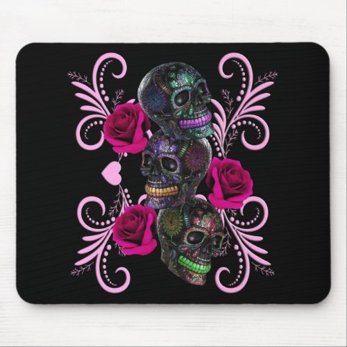 Triple Black Day Of The Dead Skulls Pink Roses Mouse Pad