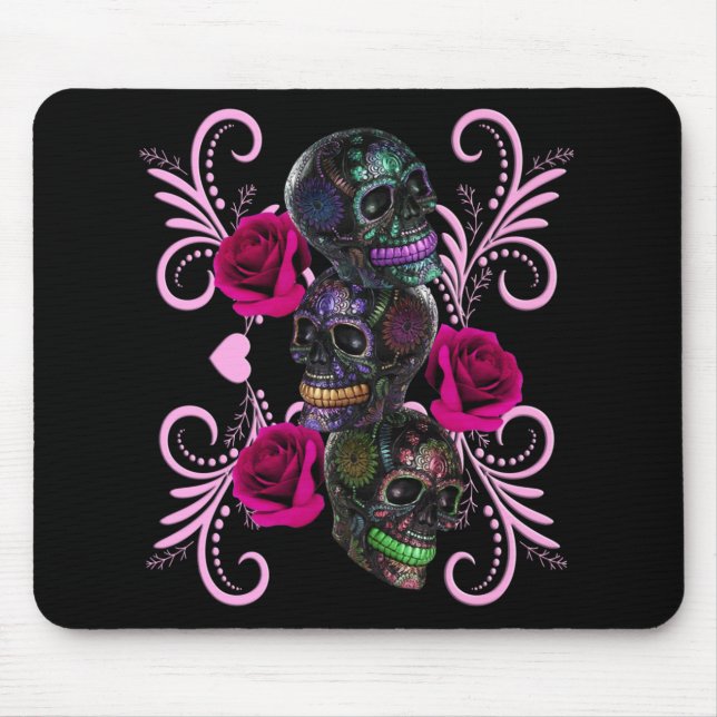 Triple Black Day Of The Dead Skulls Pink Roses Mouse Pad (Front)