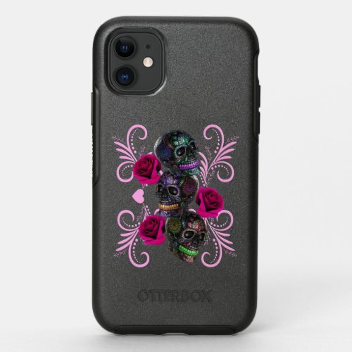 Triple Black Day Of The Dead Skulls Pink Roses OtterBox Symmetry iPhone 11 Case