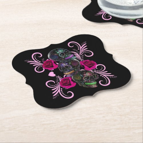 Triple Black Day Of The Dead Skulls Pink Roses Paper Coaster