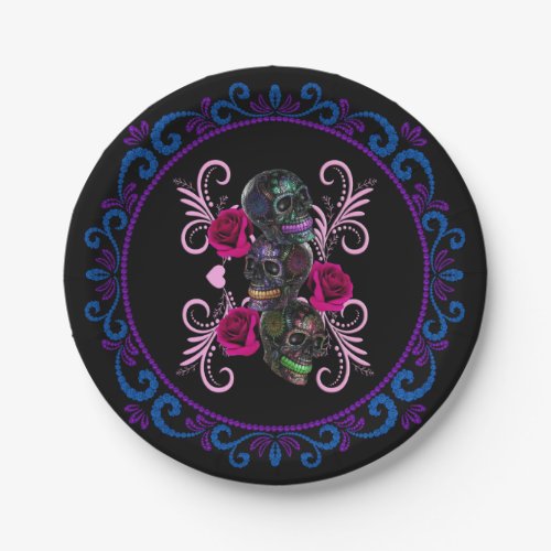 Triple Black Day Of The Dead Skulls Pink Roses Paper Plates