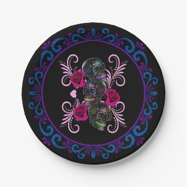 Triple Black Day Of The Dead Skulls Pink Roses Paper Plates (Front)