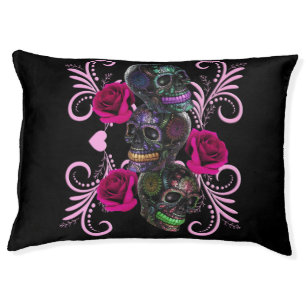 Triple Black Day Of The Dead Skulls Pink Roses Pet Bed