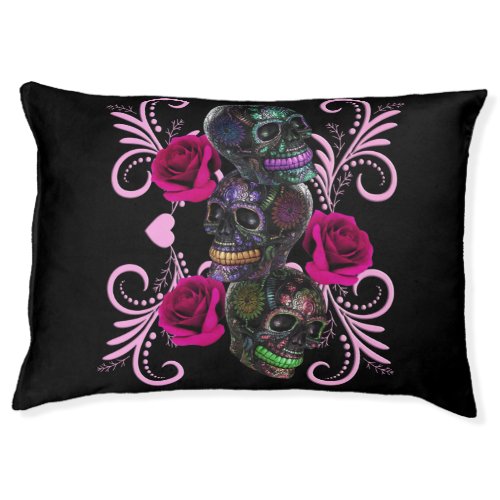 Triple Black Day Of The Dead Skulls Pink Roses Pet Bed