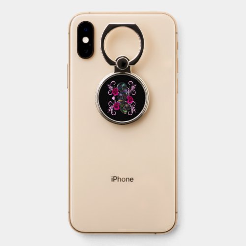 Triple Black Day Of The Dead Skulls Pink Roses Phone Ring Stand