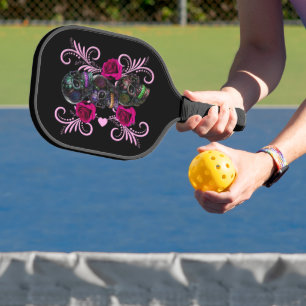 Triple Black Day Of The Dead Skulls Pink Roses Pickleball Paddle