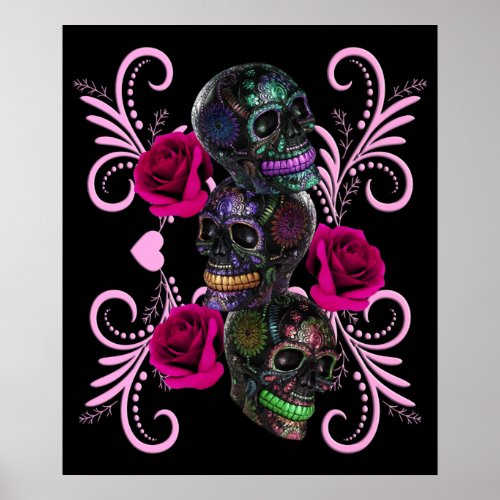 Triple Black Day Of The Dead Skulls Pink Roses Poster