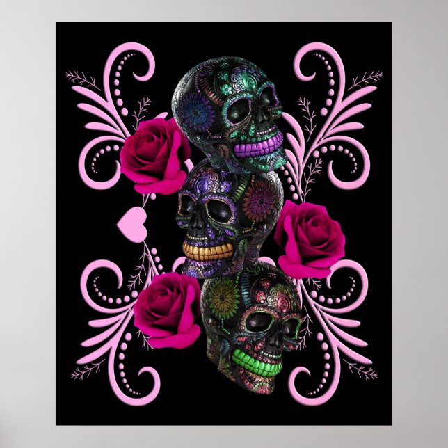 Triple Black Day Of The Dead Skulls Pink Roses Poster (Front)