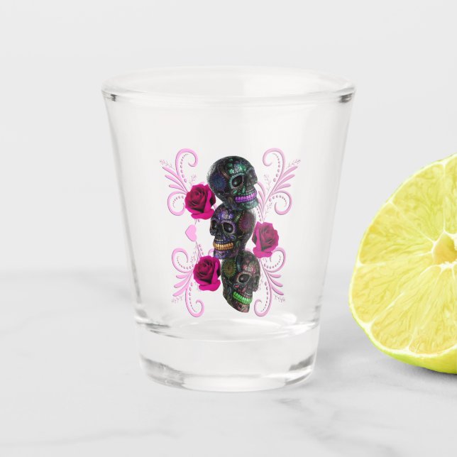 Triple Black Day Of The Dead Skulls Pink Roses Shot Glass (Front)