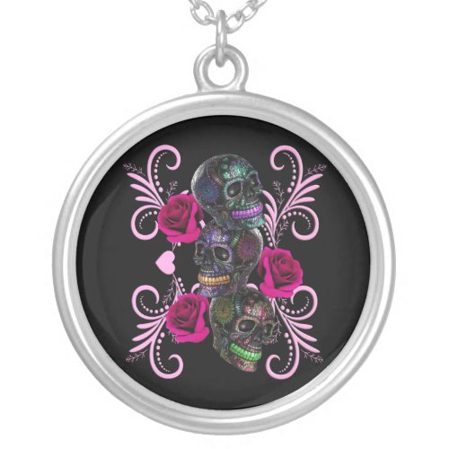 Triple Black Day Of The Dead Skulls Pink Roses Silver Plated Necklace