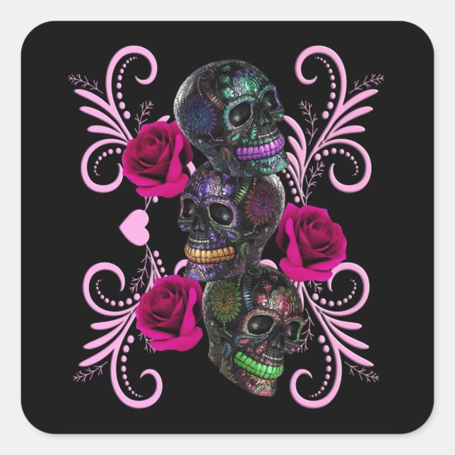 Triple Black Day Of The Dead Skulls Pink Roses Square Sticker (Front)