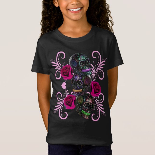 Triple Black Day Of The Dead Skulls Pink Roses T-Shirt (Front)