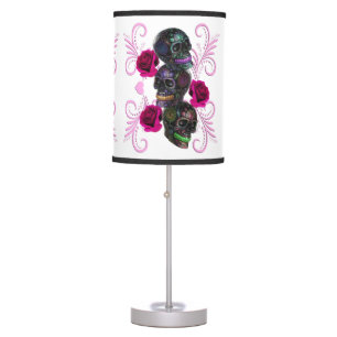Triple Black Day Of The Dead Skulls Pink Roses Table Lamp