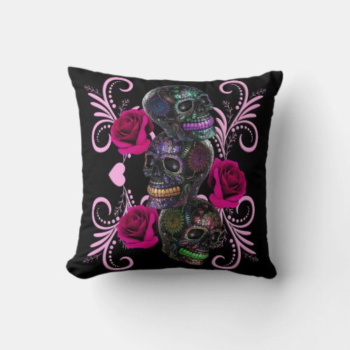 Triple Black Day Of The Dead Skulls Pink Roses Throw Pillow