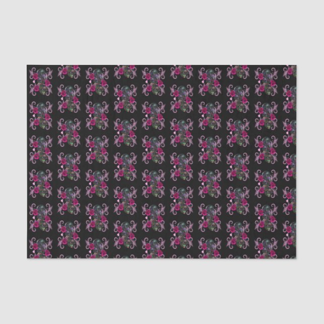 Triple Black Day Of The Dead Skulls Pink Roses Tissue Paper (Front)