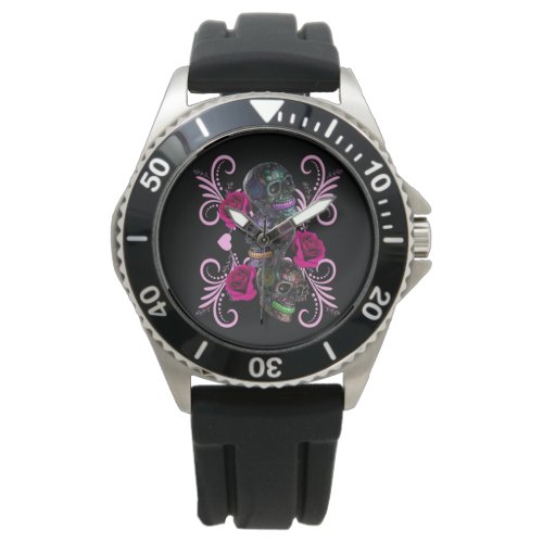 Triple Black Day Of The Dead Skulls Pink Roses Watch