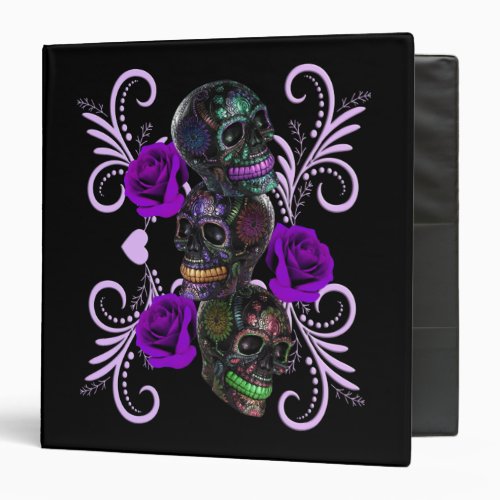 Triple Black Day Of The Dead Skulls Purple Roses 3 Ring Binder