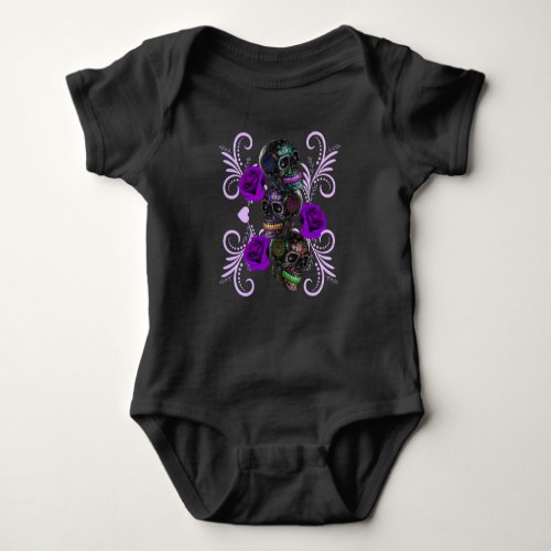 Triple Black Day Of The Dead Skulls Purple Roses Baby Bodysuit