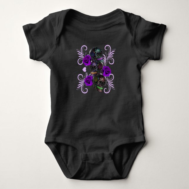 Triple Black Day Of The Dead Skulls Purple Roses Baby Bodysuit (Front)