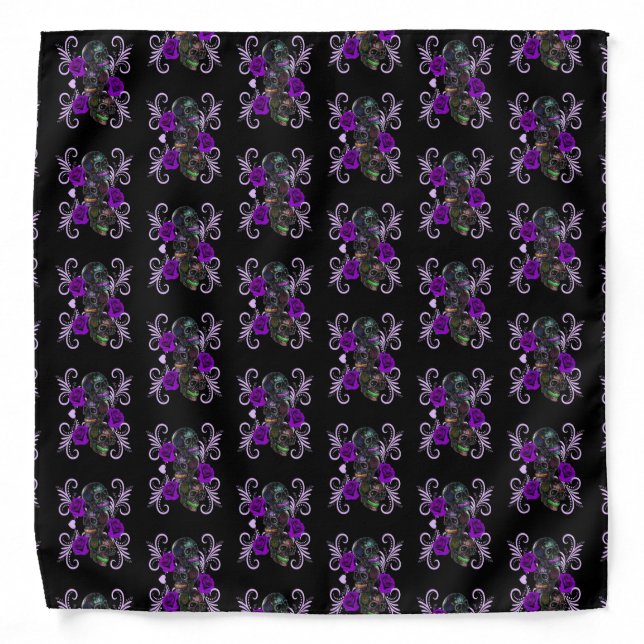 Triple Black Day Of The Dead Skulls Purple Roses Bandana (Front)