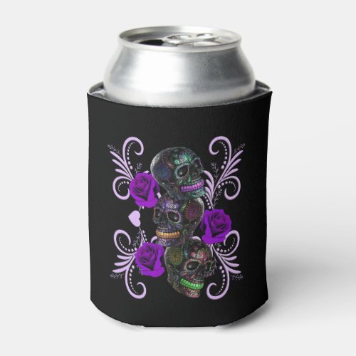 Triple Black Day Of The Dead Skulls Purple Roses Can Cooler