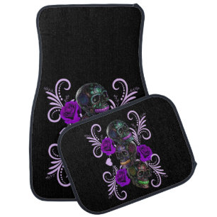 Triple Black Day Of The Dead Skulls Purple Roses Car Floor Mat