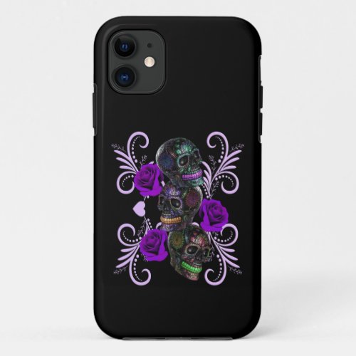 Triple Black Day Of The Dead Skulls Purple Roses iPhone 11 Case