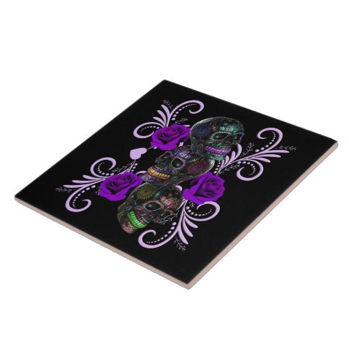 Triple Black Day Of The Dead Skulls Purple Roses Ceramic Tile