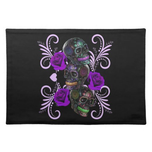 Triple Black Day Of The Dead Skulls Purple Roses Cloth Placemat