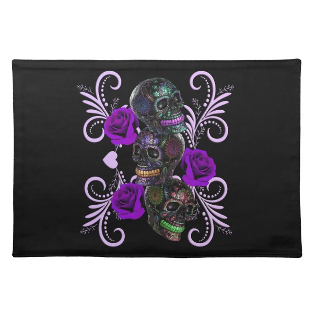 Triple Black Day Of The Dead Skulls Purple Roses Cloth Placemat (Front)