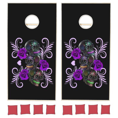 Triple Black Day Of The Dead Skulls Purple Roses Cornhole Set