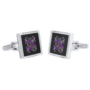 Triple Black Day Of The Dead Skulls Purple Roses Cufflinks