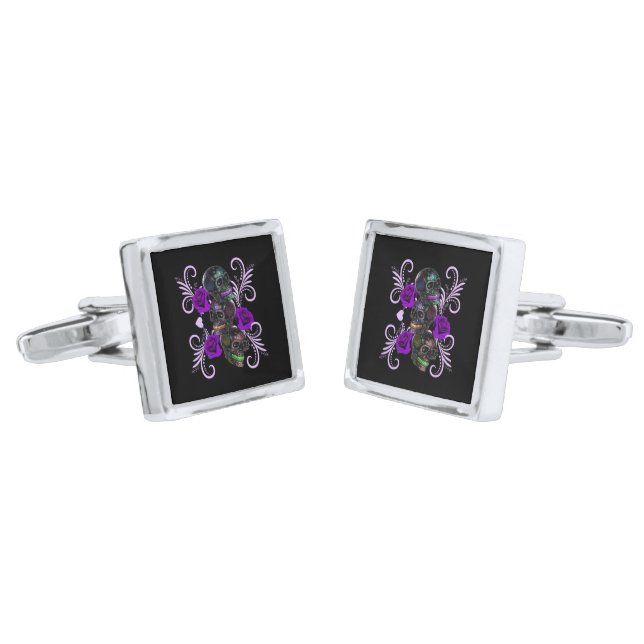 Triple Black Day Of The Dead Skulls Purple Roses Cufflinks (Angled)