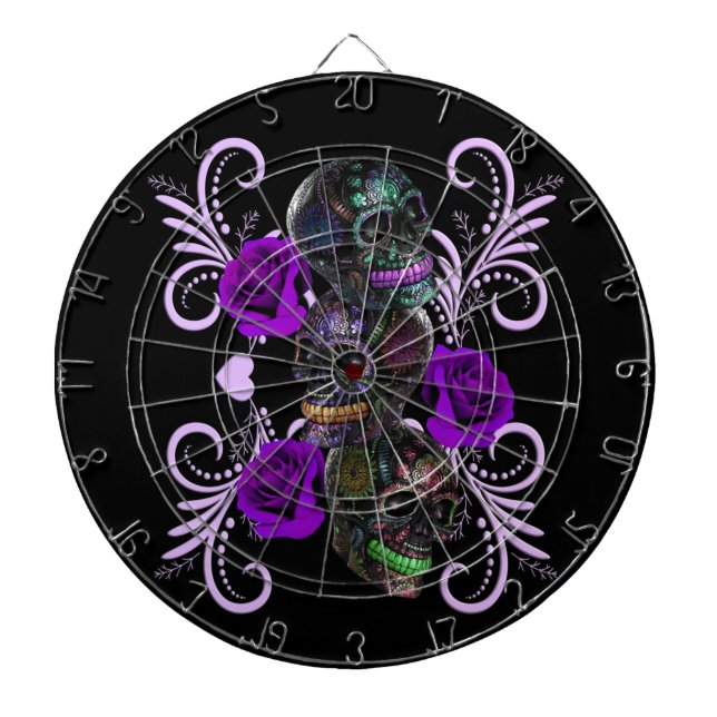 Triple Black Day Of The Dead Skulls Purple Roses Dart Board (Front)