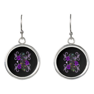 Triple Black Day Of The Dead Skulls Purple Roses Earrings