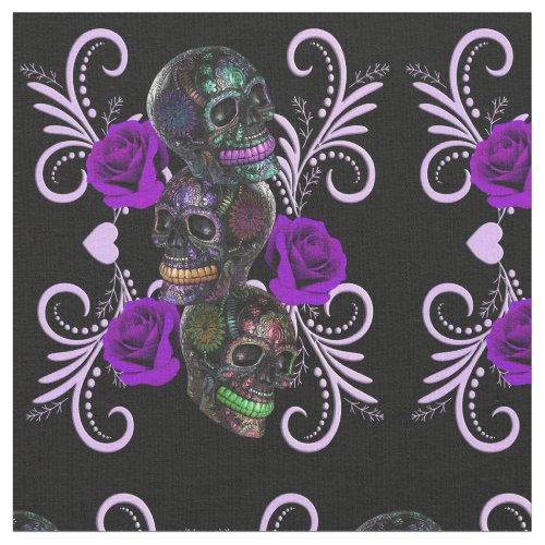 Triple Black Day Of The Dead Skulls Purple Roses Fabric