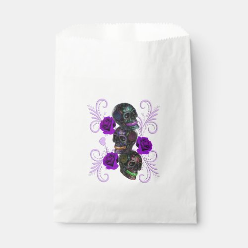 Triple Black Day Of The Dead Skulls Purple Roses Favor Bag