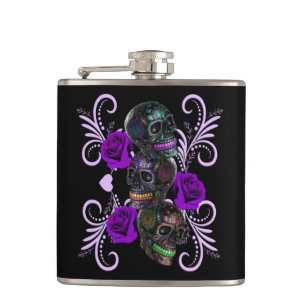 Triple Black Day Of The Dead Skulls Purple Roses Flask