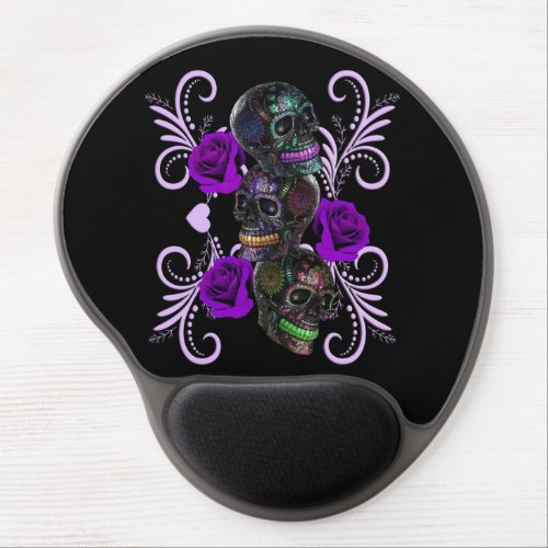 Triple Black Day Of The Dead Skulls Purple Roses Gel Mouse Pad