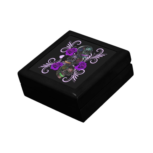 Triple Black Day Of The Dead Skulls Purple Roses Gift Box (Side)