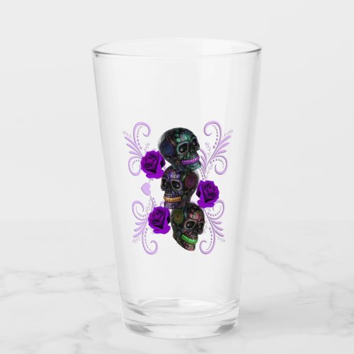 Triple Black Day Of The Dead Skulls Purple Roses Glass