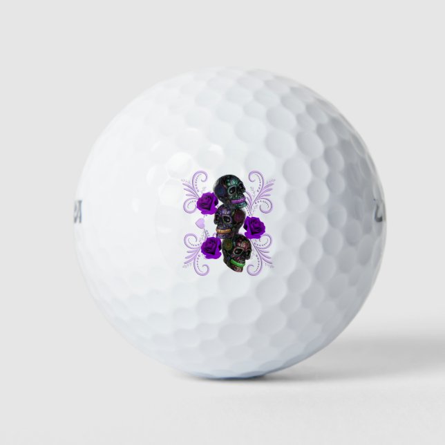 Triple Black Day Of The Dead Skulls Purple Roses Golf Balls (Front)