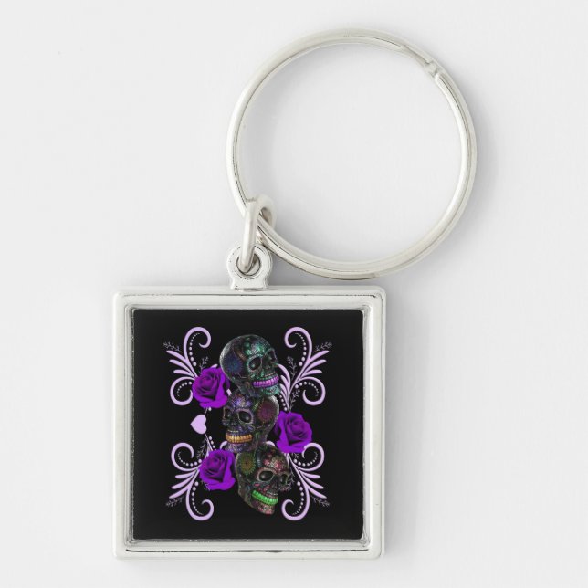 Triple Black Day Of The Dead Skulls Purple Roses Keychain (Front)